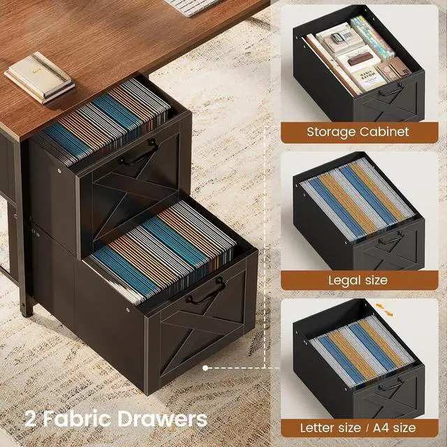 Alt view image 4 of 7 - L Shaped Gaming Desk, Reversible Computer Desk with Fabric Drawers and Power Outlet, Gaming Desk with Led Lights, Hutch and Storage Shelf for Home Office (Black and Brown)