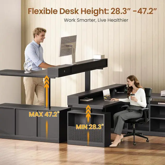 Alt view image 4 of 7 - L Shaped Gaming Standing Desk, 63 inch Height Adjustable Office Executive Desk with Storage Shelves and Monitor Stand, Computer Gaming Desk with Power Outlet, LED Lights for Home Office, Black
