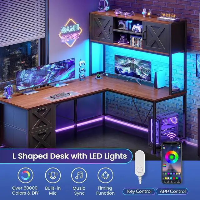 Alt view image 7 of 7 - L Shaped Gaming Desk, Reversible Computer Desk with Fabric Drawers and Power Outlet, Gaming Desk with Led Lights, Hutch and Storage Shelf for Home Office (Black and Brown)