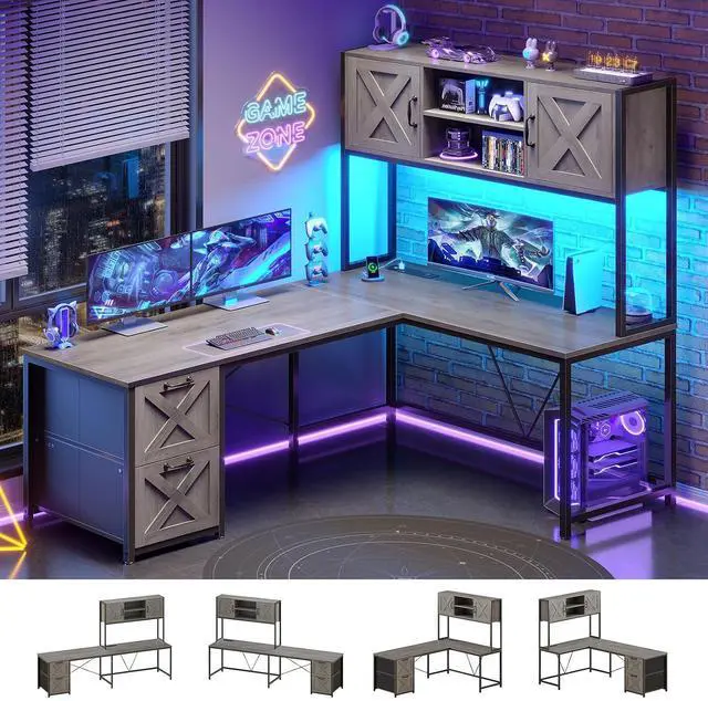 Main image of L Shaped Gaming Desk, Reversible 86.6" Computer Desk with Fabric Drawers and Power Outlet, Gaming Desk with Led Lights, Hutch and Storage for Home Office, Light Gray