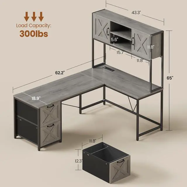 Alt view image 2 of 7 - L Shaped Gaming Desk, Reversible 86.6" Computer Desk with Fabric Drawers and Power Outlet, Gaming Desk with Led Lights, Hutch and Storage for Home Office, Light Gray