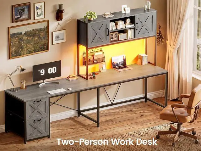 Alt view image 3 of 7 - L Shaped Gaming Desk, Reversible 86.6" Computer Desk with Fabric Drawers and Power Outlet, Gaming Desk with Led Lights, Hutch and Storage for Home Office, Light Gray