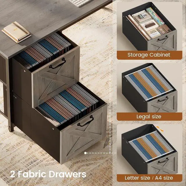Alt view image 4 of 7 - L Shaped Gaming Desk, Reversible 86.6" Computer Desk with Fabric Drawers and Power Outlet, Gaming Desk with Led Lights, Hutch and Storage for Home Office, Light Gray