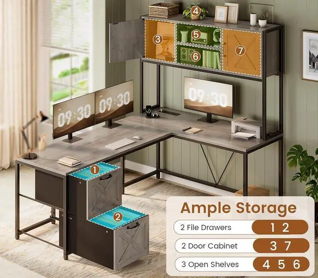 Alt view image 6 of 7 - L Shaped Gaming Desk, Reversible 86.6" Computer Desk with Fabric Drawers and Power Outlet, Gaming Desk with Led Lights, Hutch and Storage for Home Office, Light Gray