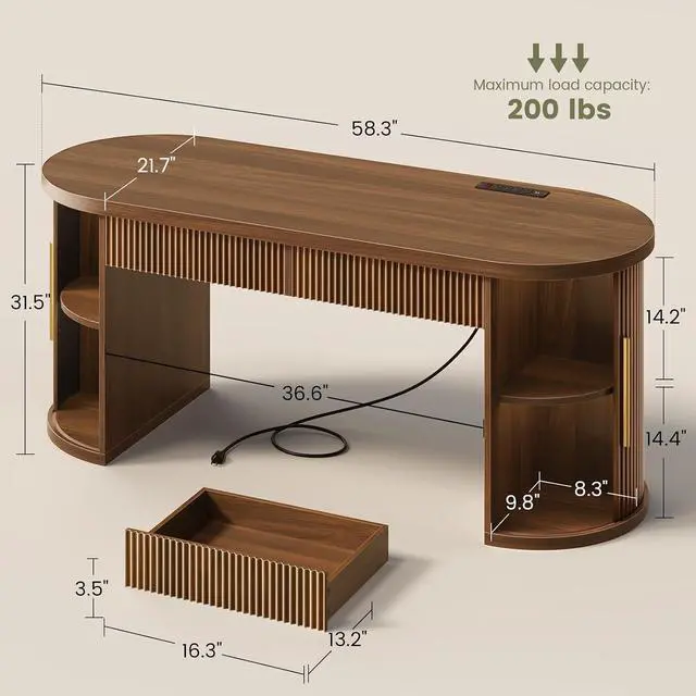 Alt view image 2 of 7 - Office Desk with 2 Drawers, 58.3" x 21.7" Fluted Long Computer Desk with 2 Sliding Doors Storage and Power Strip, Wood Executive Desk for Home Office, Living Room, Bedroom, Brown