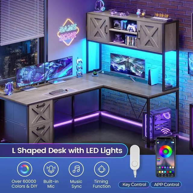 Alt view image 7 of 7 - L Shaped Gaming Desk, Reversible 86.6" Computer Desk with Fabric Drawers and Power Outlet, Gaming Desk with Led Lights, Hutch and Storage for Home Office, Light Gray