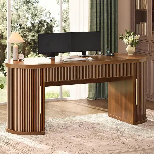 Main image of Office Desk with 2 Drawers, 58.3" x 21.7" Fluted Long Computer Desk with 2 Sliding Doors Storage and Power Strip, Wood Executive Desk for Home Office, Living Room, Bedroom, Brown