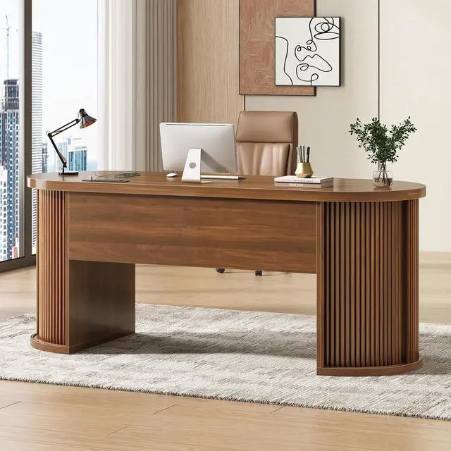 Alt view image 3 of 7 - Office Desk with 2 Drawers, 58.3" x 21.7" Fluted Long Computer Desk with 2 Sliding Doors Storage and Power Strip, Wood Executive Desk for Home Office, Living Room, Bedroom, Brown