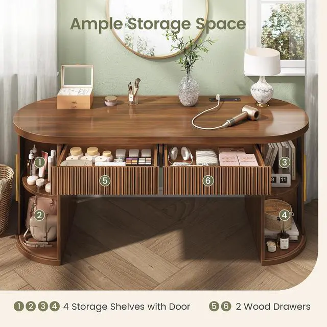 Alt view image 4 of 7 - Office Desk with 2 Drawers, 58.3" x 21.7" Fluted Long Computer Desk with 2 Sliding Doors Storage and Power Strip, Wood Executive Desk for Home Office, Living Room, Bedroom, Brown
