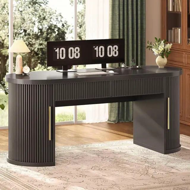 Main image of Office Desk with 2 Drawers, 58.3" x 21.7" Fluted Long Computer Desk with 2 Sliding Doors Storage and Power Strip, Wood Executive Desk for Home Office, Living Room, Bedroom, Black