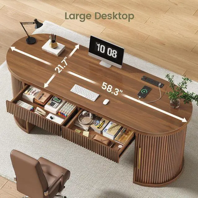 Alt view image 6 of 7 - Office Desk with 2 Drawers, 58.3" x 21.7" Fluted Long Computer Desk with 2 Sliding Doors Storage and Power Strip, Wood Executive Desk for Home Office, Living Room, Bedroom, Brown