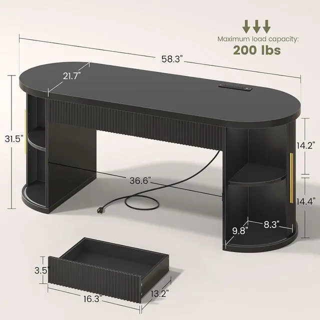 Alt view image 2 of 7 - Office Desk with 2 Drawers, 58.3" x 21.7" Fluted Long Computer Desk with 2 Sliding Doors Storage and Power Strip, Wood Executive Desk for Home Office, Living Room, Bedroom, Black