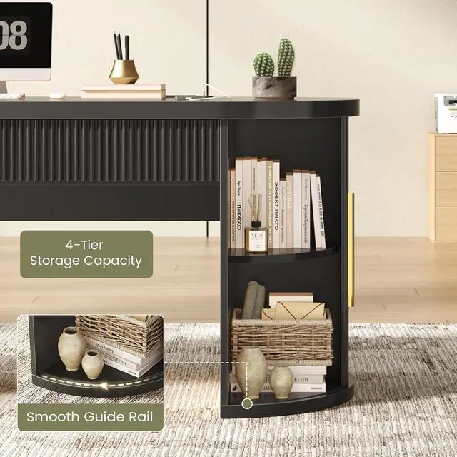 Alt view image 4 of 7 - Office Desk with 2 Drawers, 58.3" x 21.7" Fluted Long Computer Desk with 2 Sliding Doors Storage and Power Strip, Wood Executive Desk for Home Office, Living Room, Bedroom, Black