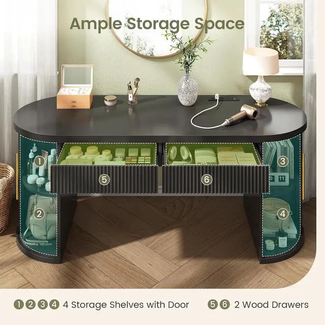 Alt view image 3 of 7 - Office Desk with 2 Drawers, 58.3" x 21.7" Fluted Long Computer Desk with 2 Sliding Doors Storage and Power Strip, Wood Executive Desk for Home Office, Living Room, Bedroom, Black