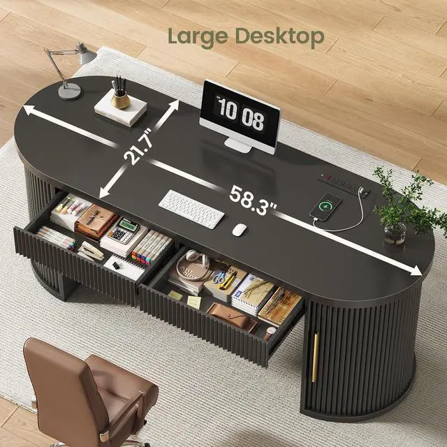 Alt view image 5 of 7 - Office Desk with 2 Drawers, 58.3" x 21.7" Fluted Long Computer Desk with 2 Sliding Doors Storage and Power Strip, Wood Executive Desk for Home Office, Living Room, Bedroom, Black