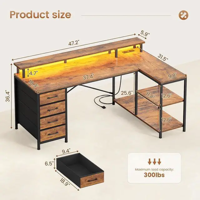 Alt view image 3 of 7 - L Shaped Desk with 4 Drawers and Storage Shelves, L Shaped Gaming Desk with LED Lights & Power Outlets, Computer Desk with Shelves & Drawer, Corner Desk Home Office Desk, Rustic Brown
