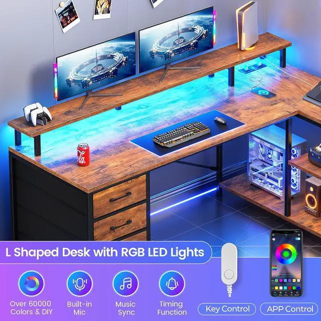 Alt view image 5 of 7 - L Shaped Desk with 4 Drawers and Storage Shelves, L Shaped Gaming Desk with LED Lights & Power Outlets, Computer Desk with Shelves & Drawer, Corner Desk Home Office Desk, Rustic Brown
