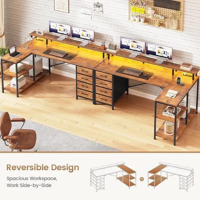 Alt view image 4 of 7 - L Shaped Desk with 4 Drawers and Storage Shelves, L Shaped Gaming Desk with LED Lights & Power Outlets, Computer Desk with Shelves & Drawer, Corner Desk Home Office Desk, Rustic Brown