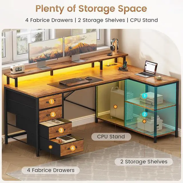 Alt view image 7 of 7 - L Shaped Desk with 4 Drawers and Storage Shelves, L Shaped Gaming Desk with LED Lights & Power Outlets, Computer Desk with Shelves & Drawer, Corner Desk Home Office Desk, Rustic Brown