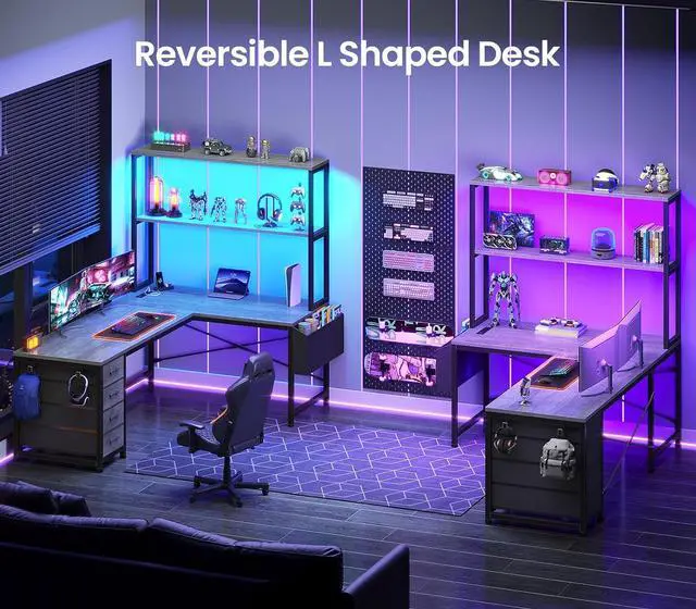 Alt view image 3 of 7 - L Shaped Gaming Desk, 51.2" Reversible Small Corner Desk with 4 Drawer, Power Outlet & LED Lights, Home Office Desk with Storage Shelves for Small Space, Gray