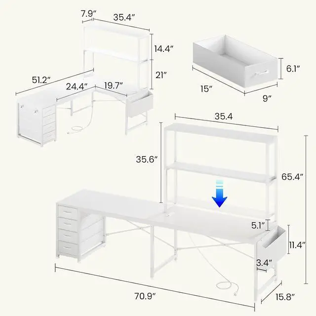 Alt view image 2 of 7 - L Shaped Gaming Desk, 51.2" Reversible Small Corner Desk with 4 Drawer, Power Outlet & LED Lights, Home Office Desk with Storage Shelves for Small Space, White