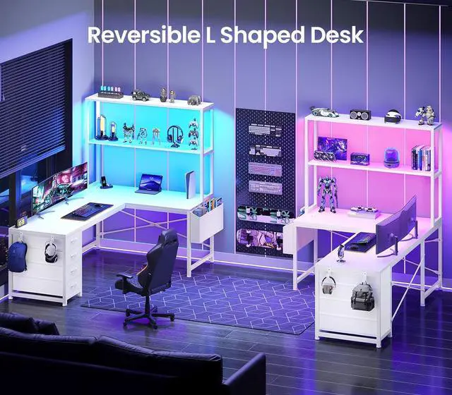 Alt view image 3 of 7 - L Shaped Gaming Desk, 51.2" Reversible Small Corner Desk with 4 Drawer, Power Outlet & LED Lights, Home Office Desk with Storage Shelves for Small Space, White