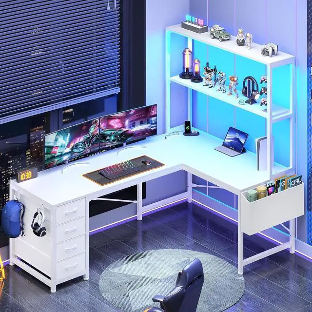 Main image of L Shaped Gaming Desk, 51.2" Reversible Small Corner Desk with 4 Drawer, Power Outlet & LED Lights, Home Office Desk with Storage Shelves for Small Space, White