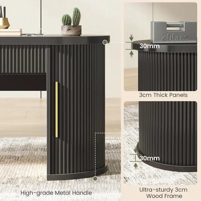 Alt view image 7 of 7 - Office Desk with 2 Drawers, 58.3" x 21.7" Fluted Long Computer Desk with 2 Sliding Doors Storage and Power Strip, Wood Executive Desk for Home Office, Living Room, Bedroom, Black