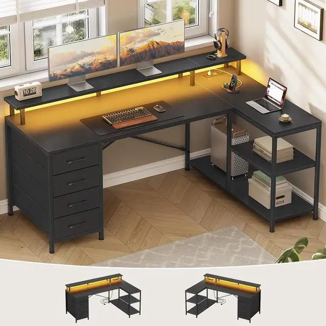 Alt view image 3 of 7 - L Shaped Desk with 4 Drawers and Storage Shelves, L Shaped Gaming Desk with LED Lights & Power Outlets, Computer Desk with Shelves & Drawer, Corner Desk Home Office Desk, Black