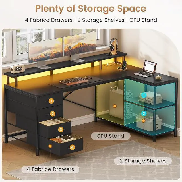 Alt view image 7 of 7 - L Shaped Desk with 4 Drawers and Storage Shelves, L Shaped Gaming Desk with LED Lights & Power Outlets, Computer Desk with Shelves & Drawer, Corner Desk Home Office Desk, Black