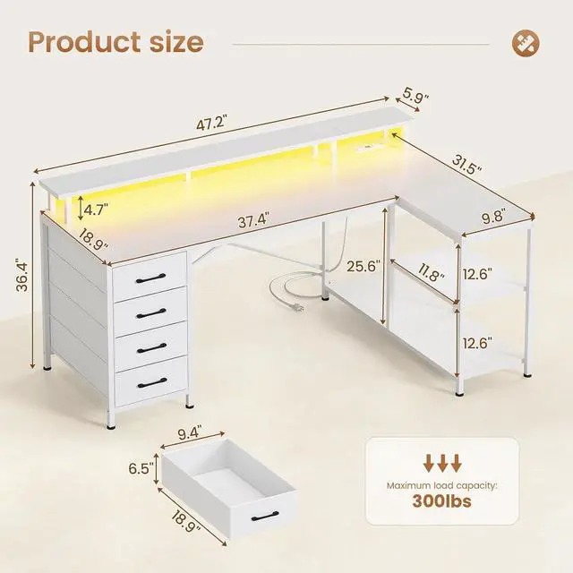 Alt view image 2 of 7 - L Shaped Desk with 4 Drawers and Storage Shelves, L Shaped Gaming Desk with LED Lights & Power Outlets, Computer Desk with Shelves & Drawer, Corner Desk Home Office Desk, White