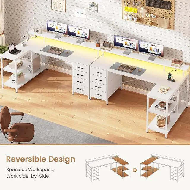 Alt view image 3 of 7 - L Shaped Desk with 4 Drawers and Storage Shelves, L Shaped Gaming Desk with LED Lights & Power Outlets, Computer Desk with Shelves & Drawer, Corner Desk Home Office Desk, White