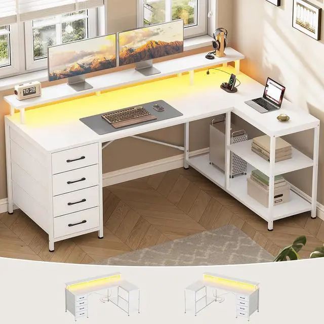Alt view image 4 of 7 - L Shaped Desk with 4 Drawers and Storage Shelves, L Shaped Gaming Desk with LED Lights & Power Outlets, Computer Desk with Shelves & Drawer, Corner Desk Home Office Desk, White