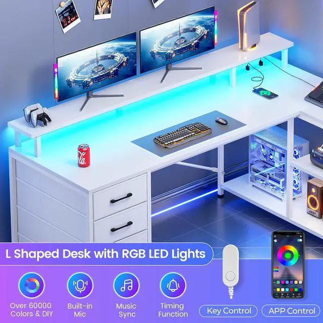 Alt view image 5 of 7 - L Shaped Desk with 4 Drawers and Storage Shelves, L Shaped Gaming Desk with LED Lights & Power Outlets, Computer Desk with Shelves & Drawer, Corner Desk Home Office Desk, White