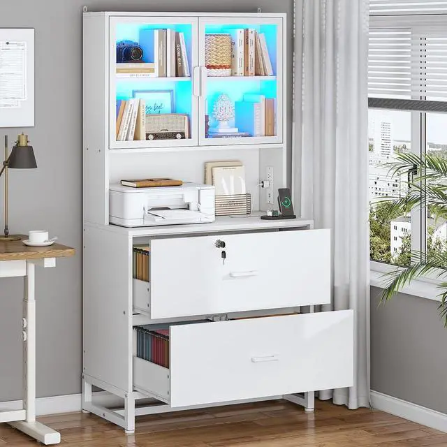 Main image of 2 Drawer File Cabinet with Lock, Charging Station and Bookshelf, Filing Cabinet Fits Letter, Legal, A4 Size, Wood File Cabinets for Home Office, Printer Stand with Storage Shelf, White