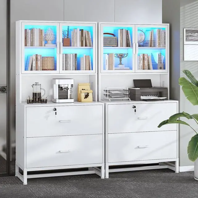Alt view image 3 of 7 - 2 Drawer File Cabinet with Lock, Charging Station and Bookshelf, Filing Cabinet Fits Letter, Legal, A4 Size, Wood File Cabinets for Home Office, Printer Stand with Storage Shelf, White