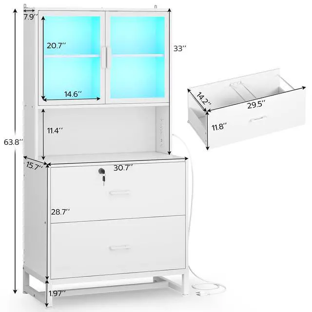 Alt view image 2 of 7 - 2 Drawer File Cabinet with Lock, Charging Station and Bookshelf, Filing Cabinet Fits Letter, Legal, A4 Size, Wood File Cabinets for Home Office, Printer Stand with Storage Shelf, White