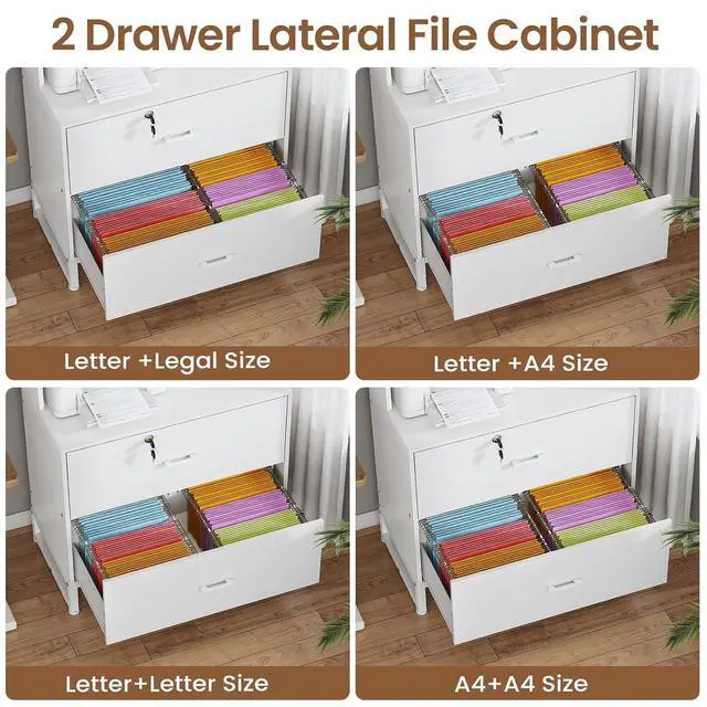 Alt view image 4 of 7 - 2 Drawer File Cabinet with Lock, Charging Station and Bookshelf, Filing Cabinet Fits Letter, Legal, A4 Size, Wood File Cabinets for Home Office, Printer Stand with Storage Shelf, White