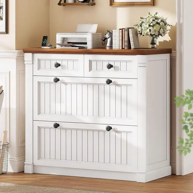 Main image of 4 Drawers File Cabinet, 33" Farmhouse Filing Cabinets for Home Office fit Legal/Letter/A4 File, Wood Office File Cabinet with Power Outlets, Printer Stand with Storage, White+Brown