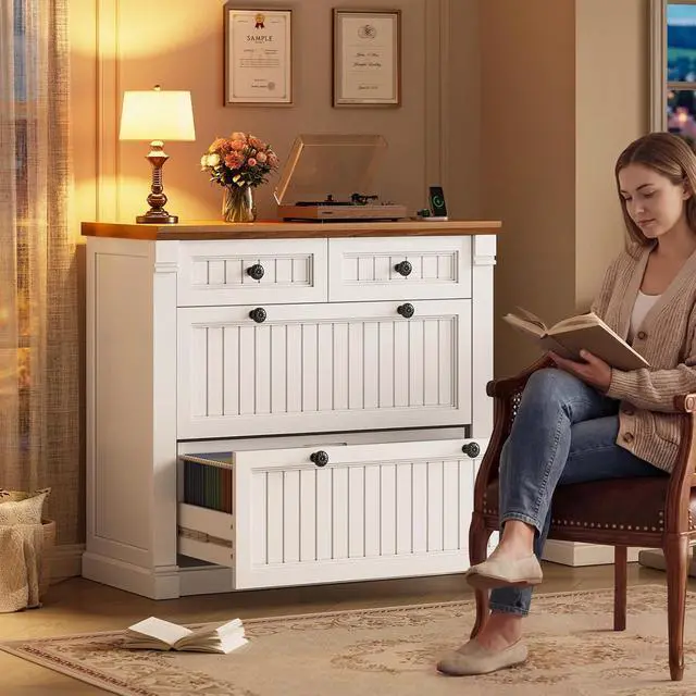 Alt view image 3 of 7 - 4 Drawers File Cabinet, 33" Farmhouse Filing Cabinets for Home Office fit Legal/Letter/A4 File, Wood Office File Cabinet with Power Outlets, Printer Stand with Storage, White+Brown