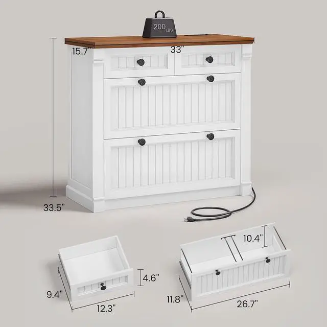 Alt view image 2 of 7 - 4 Drawers File Cabinet, 33" Farmhouse Filing Cabinets for Home Office fit Legal/Letter/A4 File, Wood Office File Cabinet with Power Outlets, Printer Stand with Storage, White+Brown