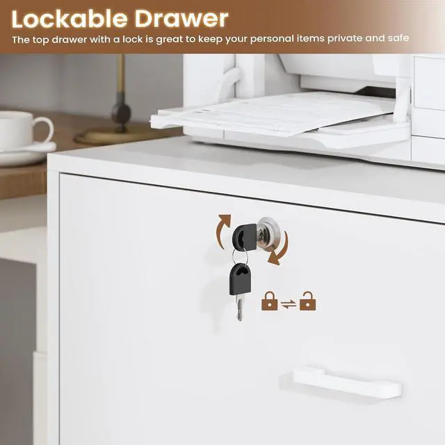 Alt view image 7 of 7 - 2 Drawer File Cabinet with Lock, Charging Station and Bookshelf, Filing Cabinet Fits Letter, Legal, A4 Size, Wood File Cabinets for Home Office, Printer Stand with Storage Shelf, White