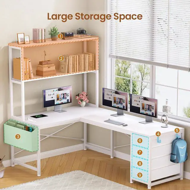 Alt view image 4 of 7 - L Shaped Gaming Desk, 51.2" Reversible Small Corner Desk with 4 Drawer, Power Outlet & LED Lights, Home Office Desk with Storage Shelves for Small Space, White