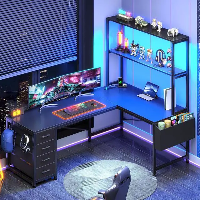 Main image of L Shaped Gaming Desk, 51.2" Reversible Small Corner Desk with 4 Drawer, Power Outlet & LED Lights, Home Office Desk with Storage Shelves for Small Space, Black