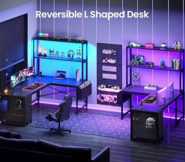 Alt view image 3 of 7 - L Shaped Gaming Desk, 51.2" Reversible Small Corner Desk with 4 Drawer, Power Outlet & LED Lights, Home Office Desk with Storage Shelves for Small Space, Black