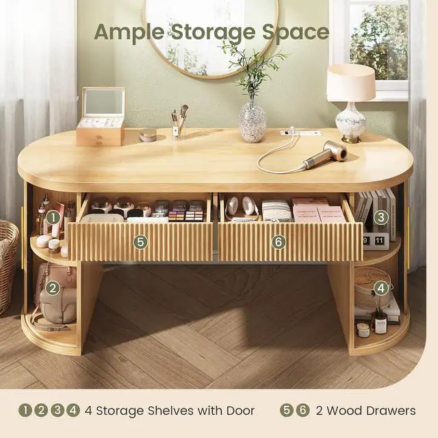 Alt view image 4 of 7 - Office Desk with 2 Drawers, 58.3" x 21.7" Fluted Computer Desk with 2 Sliding Doors Storage and Power Strip, Wood Executive Desk for Home Office, Light Oak