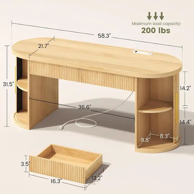 Alt view image 3 of 7 - Office Desk with 2 Drawers, 58.3" x 21.7" Fluted Computer Desk with 2 Sliding Doors Storage and Power Strip, Wood Executive Desk for Home Office, Light Oak