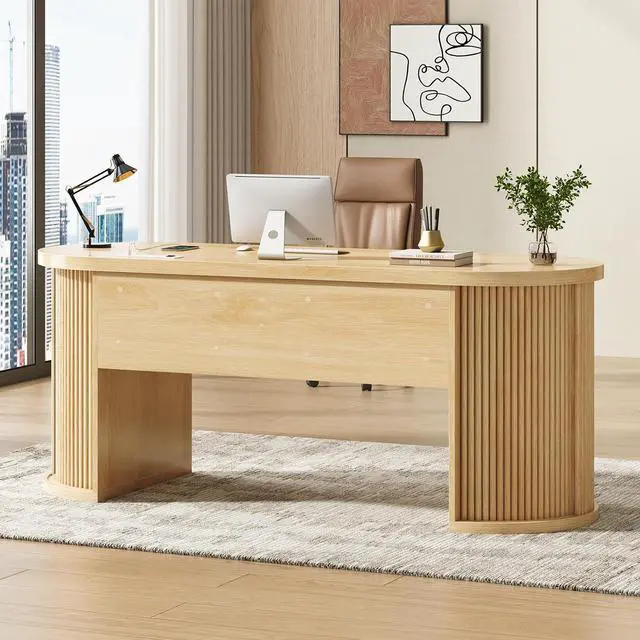 Alt view image 2 of 7 - Office Desk with 2 Drawers, 58.3" x 21.7" Fluted Computer Desk with 2 Sliding Doors Storage and Power Strip, Wood Executive Desk for Home Office, Light Oak