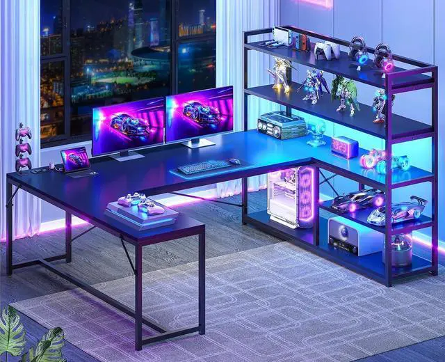 Main image of L Shaped Gaming Desk, 63'' Reversible Computer Desk with Power Outlet and Storage Shelves, Corner Gaming Desk with LED Lights, Bookshelf for Home Office, Black