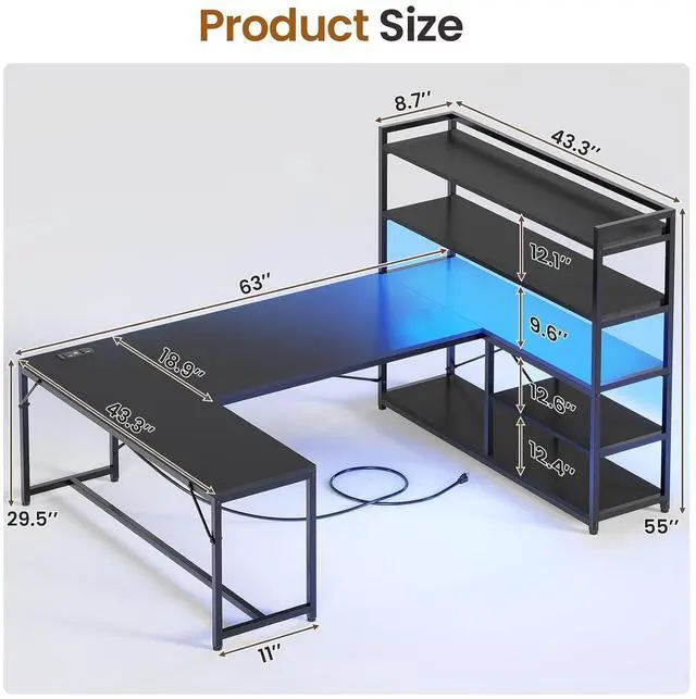 Alt view image 2 of 7 - L Shaped Gaming Desk, 63'' Reversible Computer Desk with Power Outlet and Storage Shelves, Corner Gaming Desk with LED Lights, Bookshelf for Home Office, Black